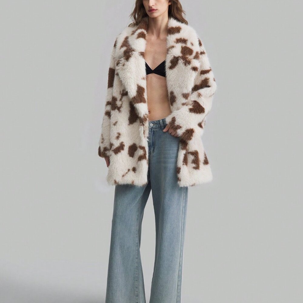 Khaki Casual Womens Leopard Print Oversized Fluffy faux fur Lined Coat - Picture 7 of 8